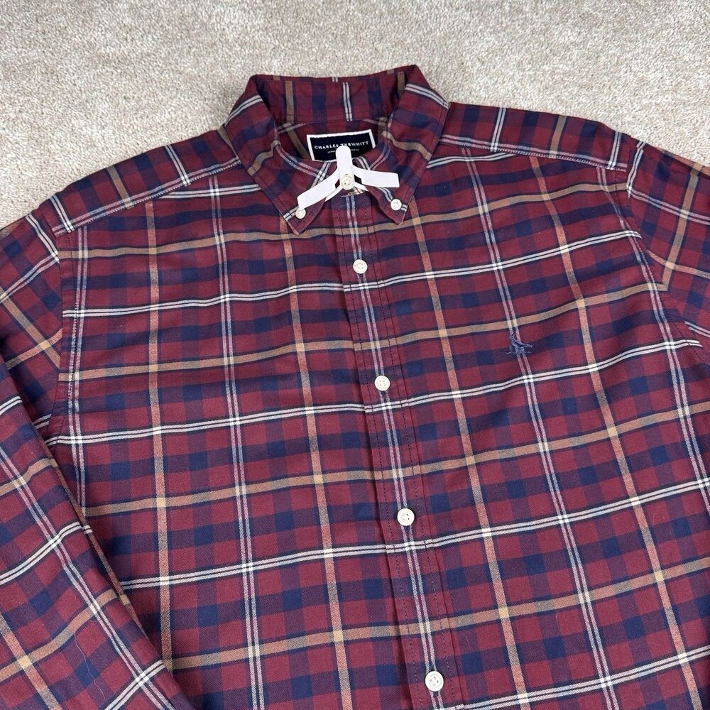 Charles Tyrwhitt Classic Fit Men's Maroon Cotton Dress Red Plaid Shirt Large